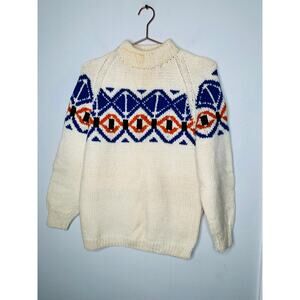Vintage 70s/80s White Blue Turtleneck Hand Knit Sweater Size Medium